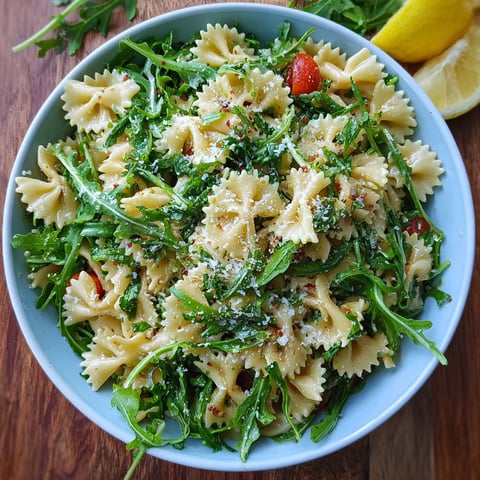 A bowl of pasta salad with arugula and lemon.
