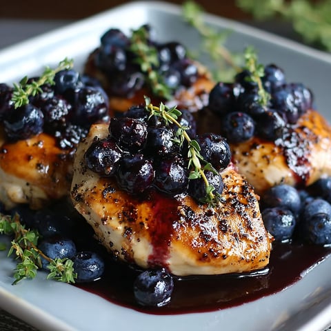 A plate of chicken with blueberries and thyme.