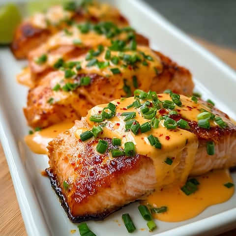 A plate of salmon with a sauce on top.