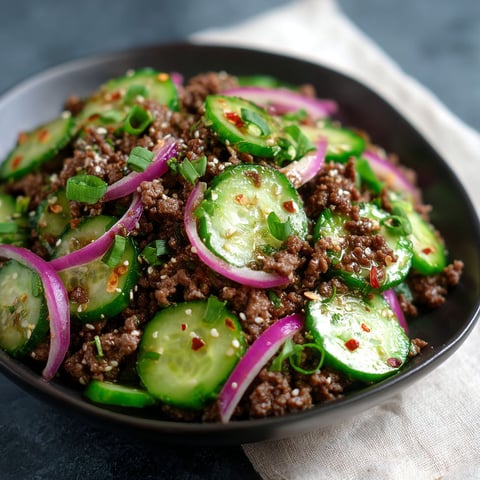 A bowl of spicy keto Korean ground beef with cucumber salad.