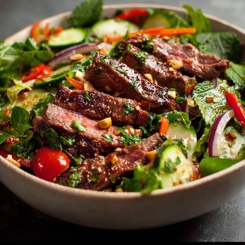 A bowl of Thai beef salad with vegetables.