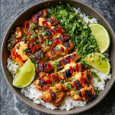 A bowl of Sweet Chili Chicken with Coconut Lime Drizzle.