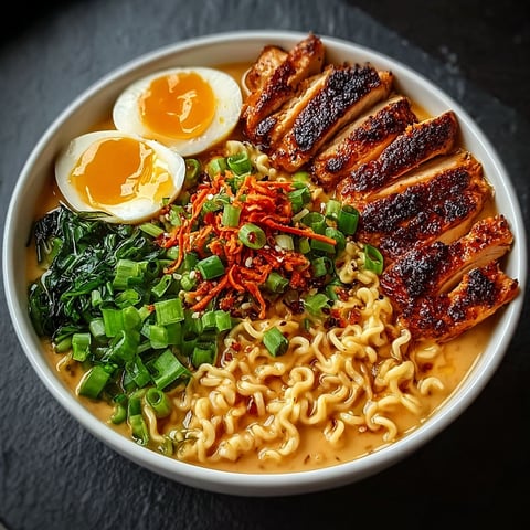 A bowl of ramen with chicken and vegetables.