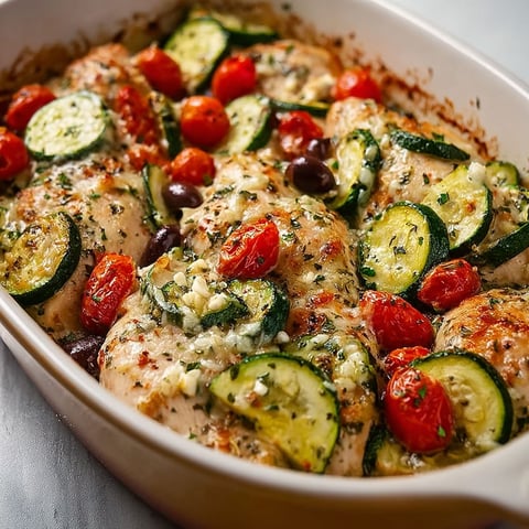 A dish of chicken and zucchini.