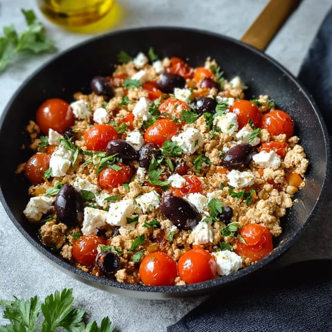 A skillet filled with Mediterranean keto ground chicken, olives, and feta.