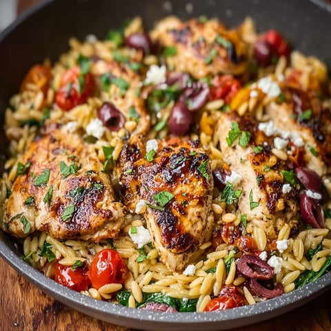 A dish of Mediterranean chicken and orzo.