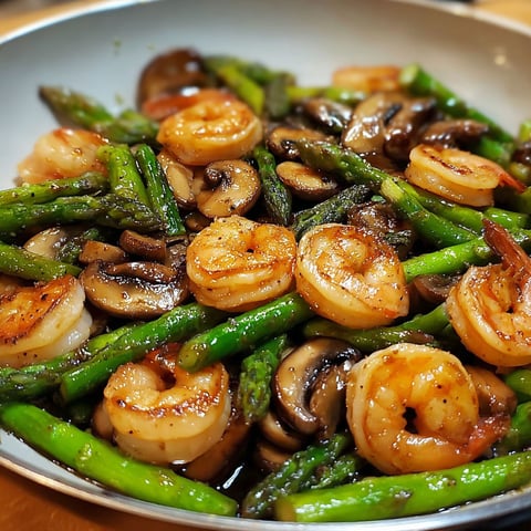 A bowl of shrimp and asparagus stir fry with mushrooms.