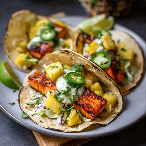 Two tacos with salmon and pineapple salsa.
