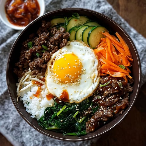 A bowl of Korean beef bibimbap with vegetables and egg.