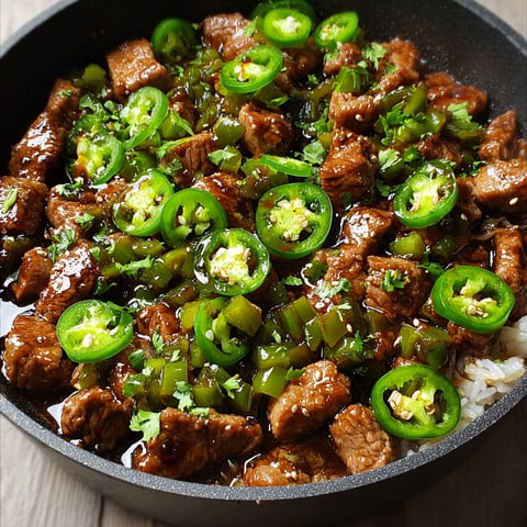 A bowl of meat with jalapenos.