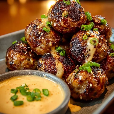 A plate of meatballs with spicy mayo dip.