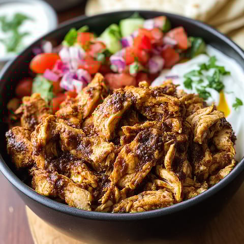A bowl of slow cooker chicken shawarma.