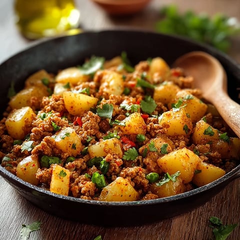 A skillet full of ground turkey and potatoes.