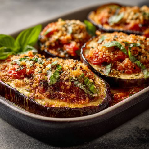 A pan of eggplant with tomatoes and basil.