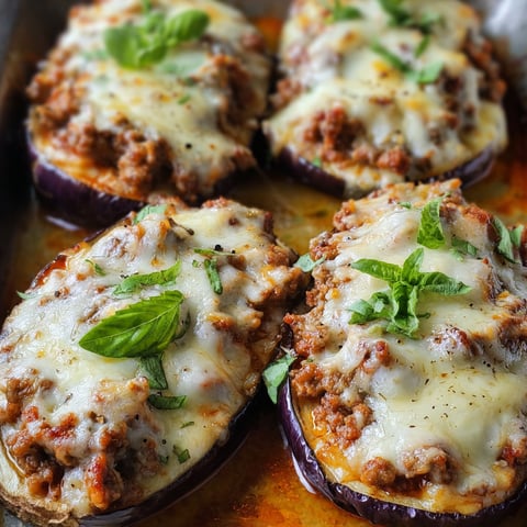 A close up of a baked eggplant with meat and cheese.