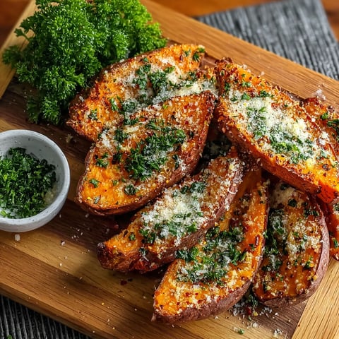 A wooden cutting board with garlic parmesan sweet potato wedges.