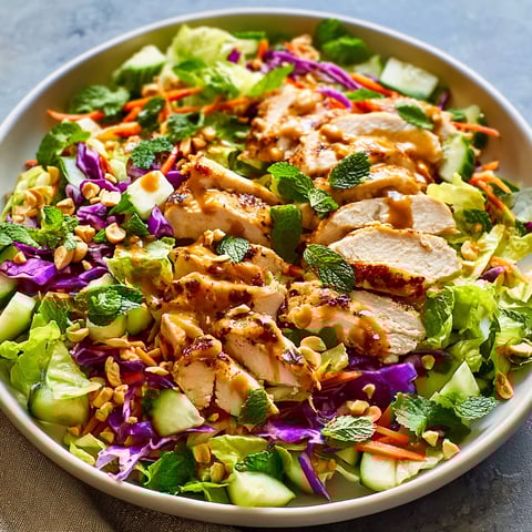 A plate of crunchy Thai chicken salad with peanut dressing.