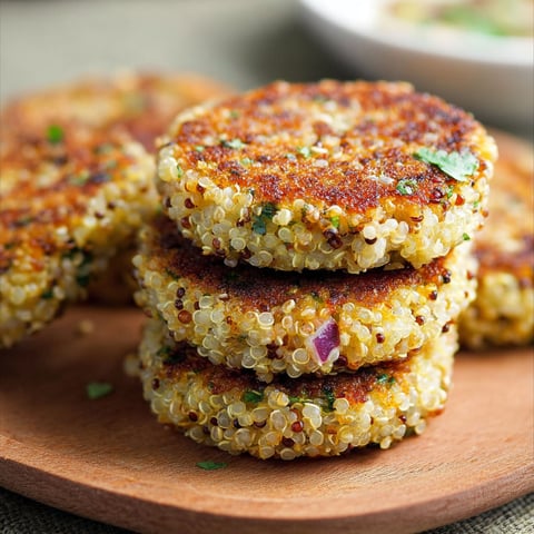 A stack of quinoa patties on a wooden cutting board.