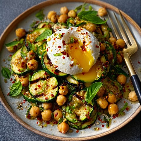 A plate of grilled zucchini chickpea salad with burrata and chili oil.