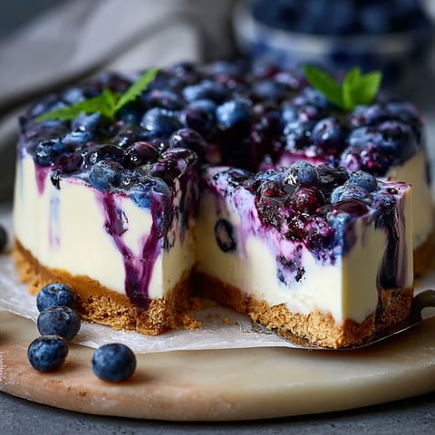 A slice of blueberry cheesecake on a plate.