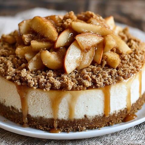 A slice of apple cheesecake with cinnamon crumble on top.