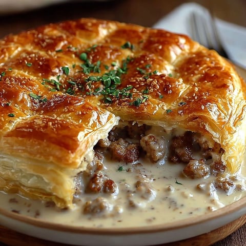 A sausage gravy biscuit pie with a slice taken out.