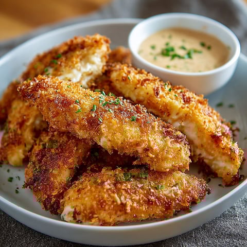 A plate of chicken tenders with a dipping sauce.