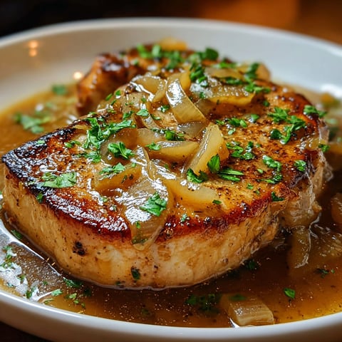 A plate of smothered boneless pork chops.