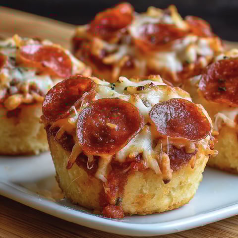 Deep dish pizza cupcakes on a white plate.
