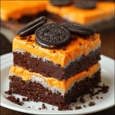 A slice of layered brownies with Oreo cookies on top.