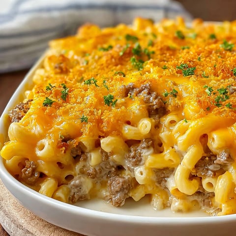 A plate of macaroni hamburger casserole.