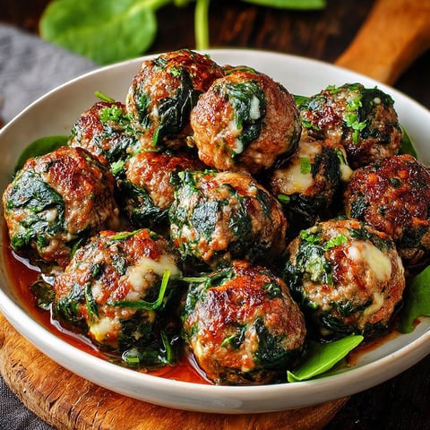 A bowl of meatballs with spinach and garlic.