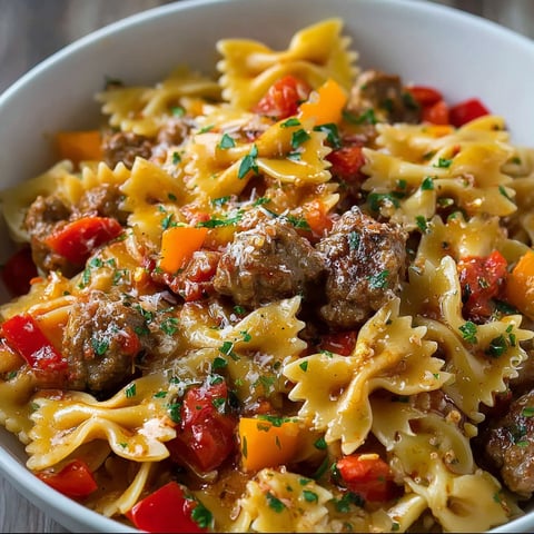 A bowl of pasta with meatballs and tomatoes.