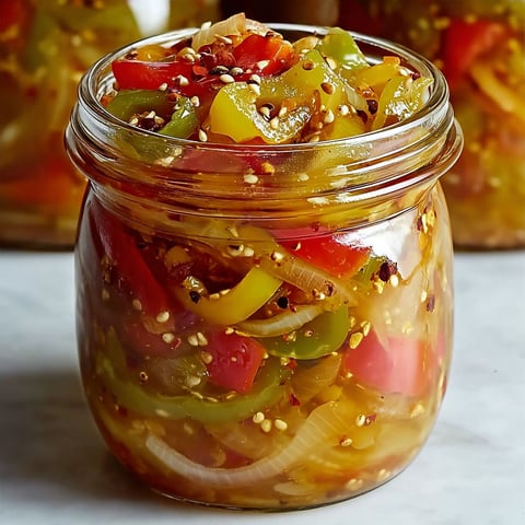 A jar of pickled peppers and onions.