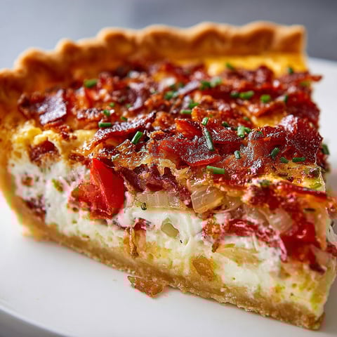 A slice of bacon onion tomato pie.
