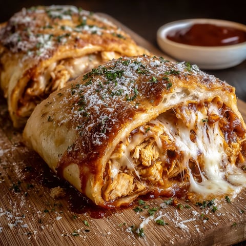 A BBQ chicken cheese stromboli on a wooden cutting board.
