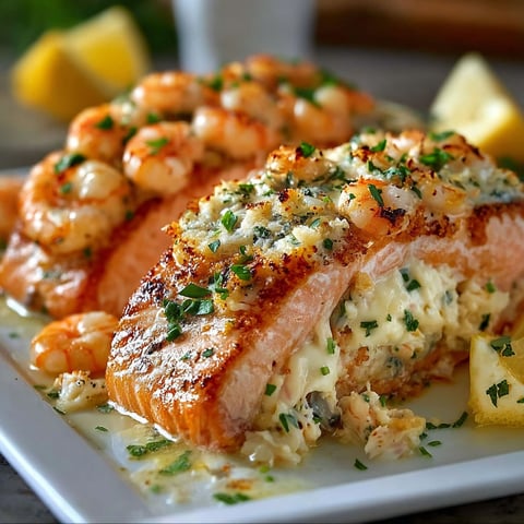 A plate of crab and shrimp stuffed salmon.