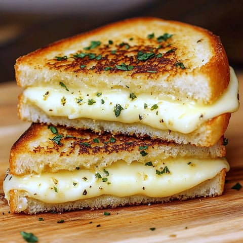 A grilled cheese sandwich with garlic on a wooden table.