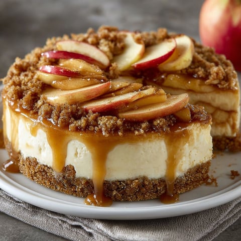 A slice of apple cheesecake with cinnamon crumble on a plate.