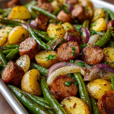 A plate of sausage and green beans.