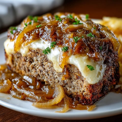 A plate of food with a crockpot French onion beefloaf.