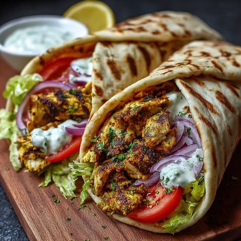 A chicken shawarma grilled wrap with lettuce, tomato, onion, and yogurt.