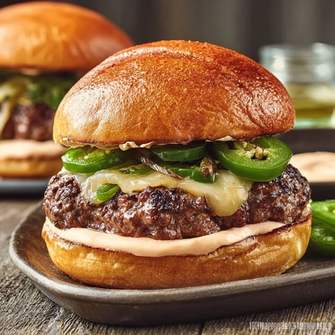 A burger with jalapenos and onions.