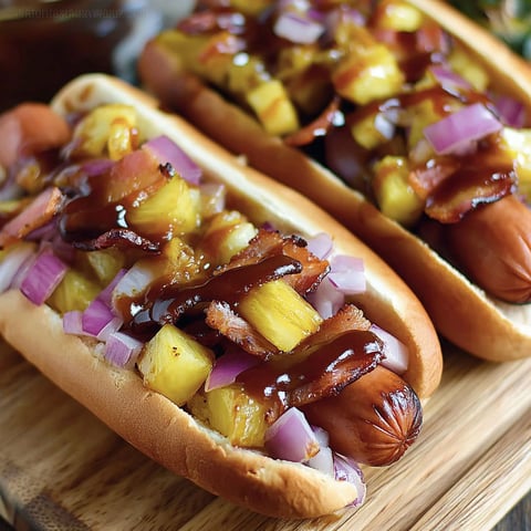 Two Hawaiian hot dogs with pineapple and bacon.
