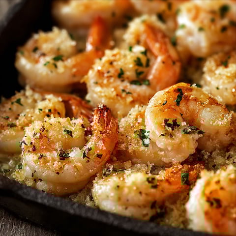 A dish of garlic Parmesan baked shrimp.