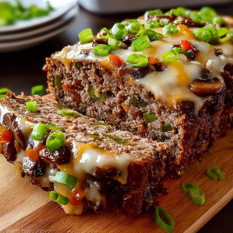 A slice of meatloaf with cheese and peppers on a cutting board.