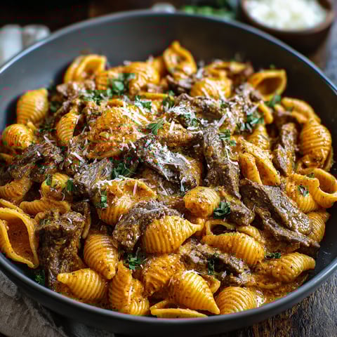 A bowl of creamy paprika steak shells.