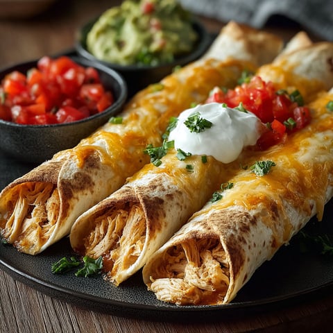 A plate of baked cream cheese chicken taquitos.