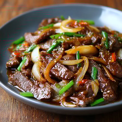 A plate of beef stir fry with onions and oyster sauce.