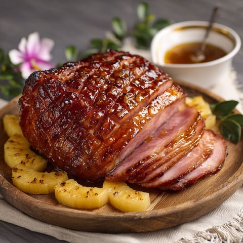 A glazed ham with pineapple and brown sugar.